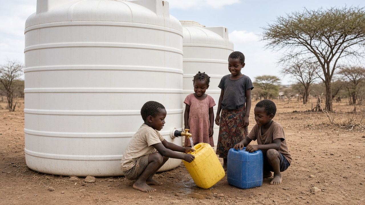 Community water storage tanks with children collecting clean water